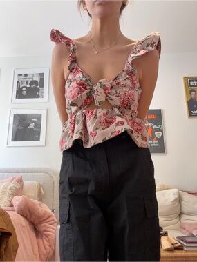 En Saison Pink Floral Tie-Front Ruffle Camisole